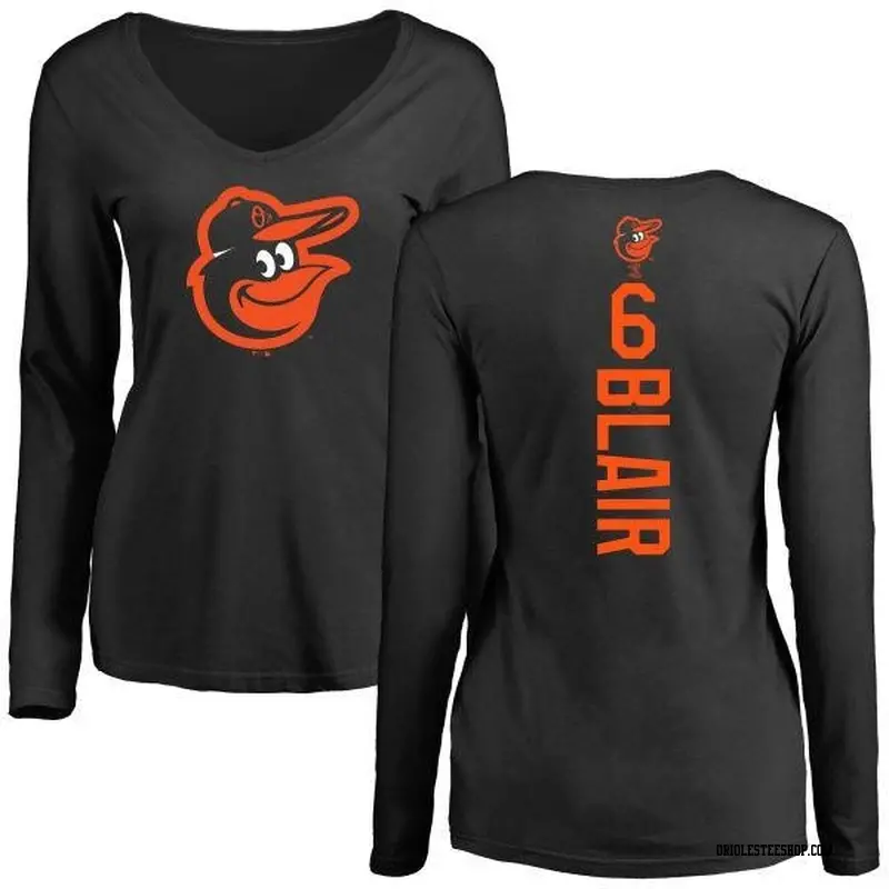 Women's Baltimore Orioles ＃6 Paul Blair Black Backer Slim Fit Long Sleeve T-Shirt