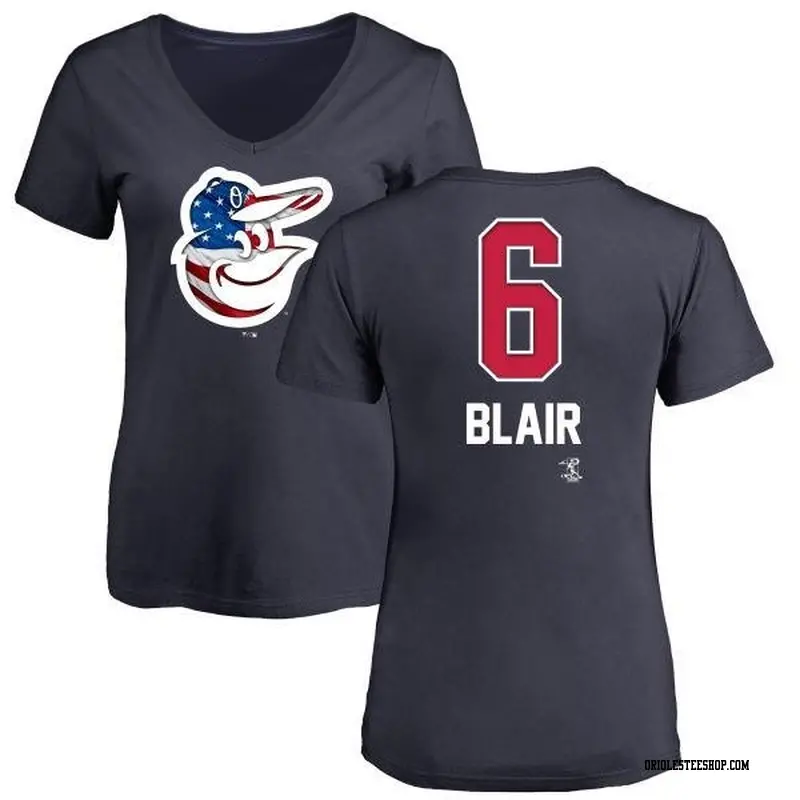 Women's Baltimore Orioles ＃6 Paul Blair Navy Branded Name and Number Banner Wave V-Neck T-Shirt