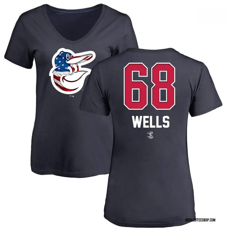 Women's Baltimore Orioles ＃68 Tyler Wells Navy Branded Name and Number Banner Wave V-Neck T-Shirt